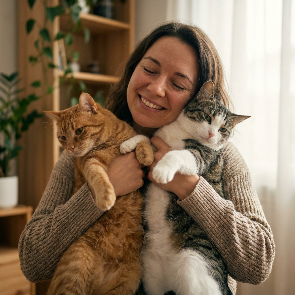 Tutora com gatos em ambiente doméstico