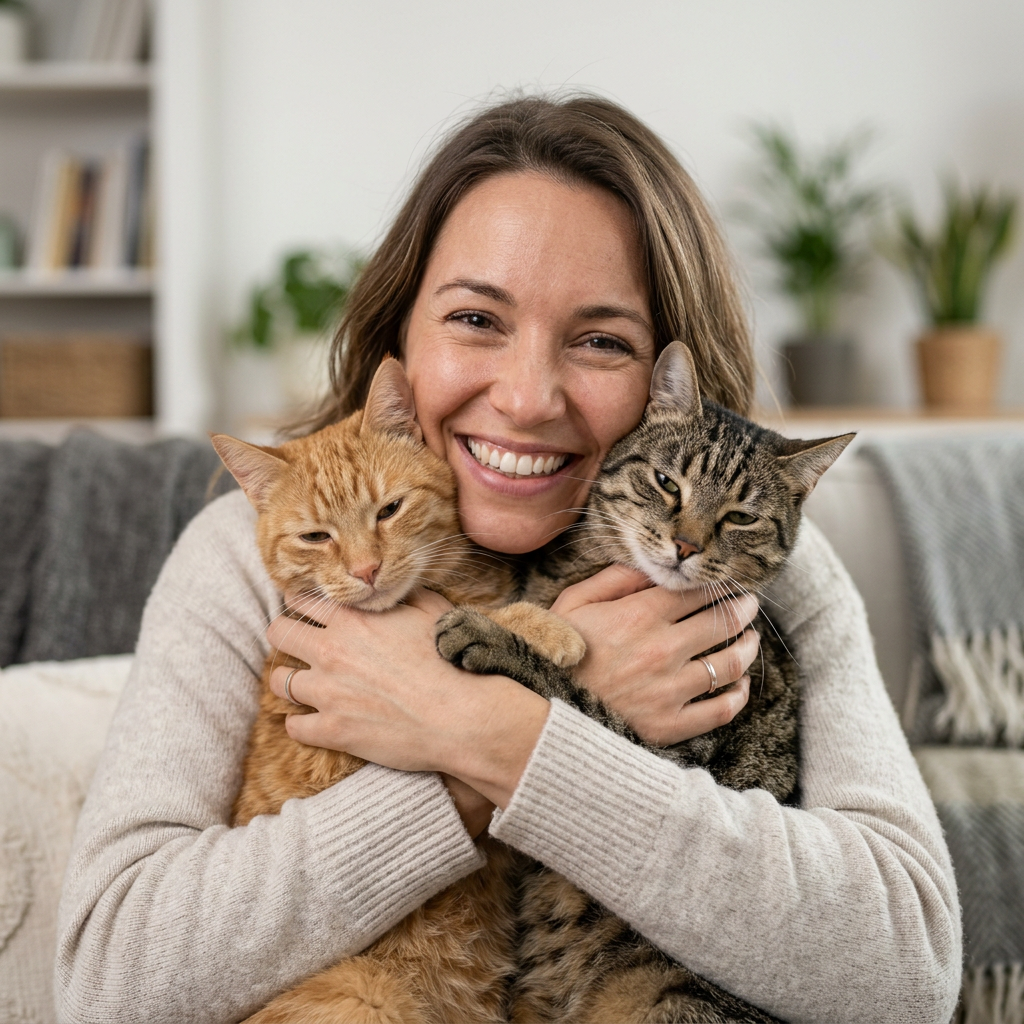 Tutora com dois gatos no sofá